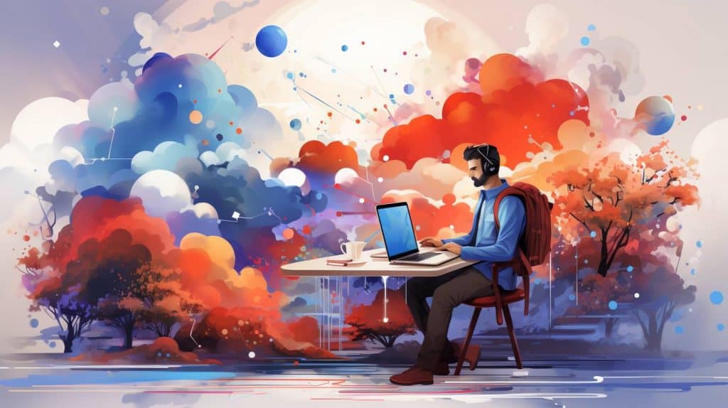 Youtuber at work on his laptop while travelling